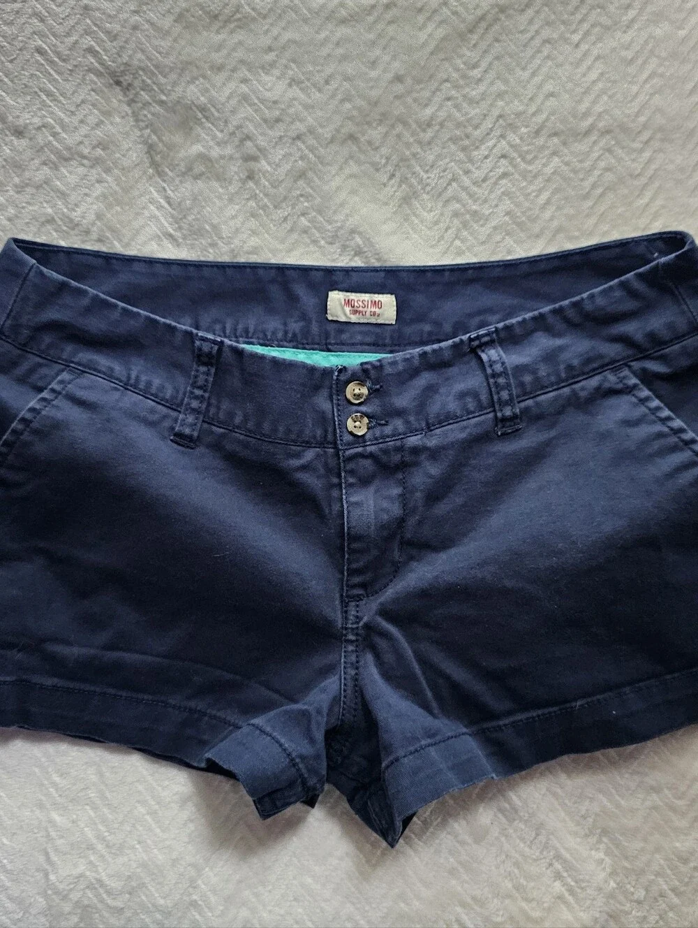 Vintage Mossimo Navy Low Rise Micro Mini Chino Shorts W/ Teal Waistband Size 9